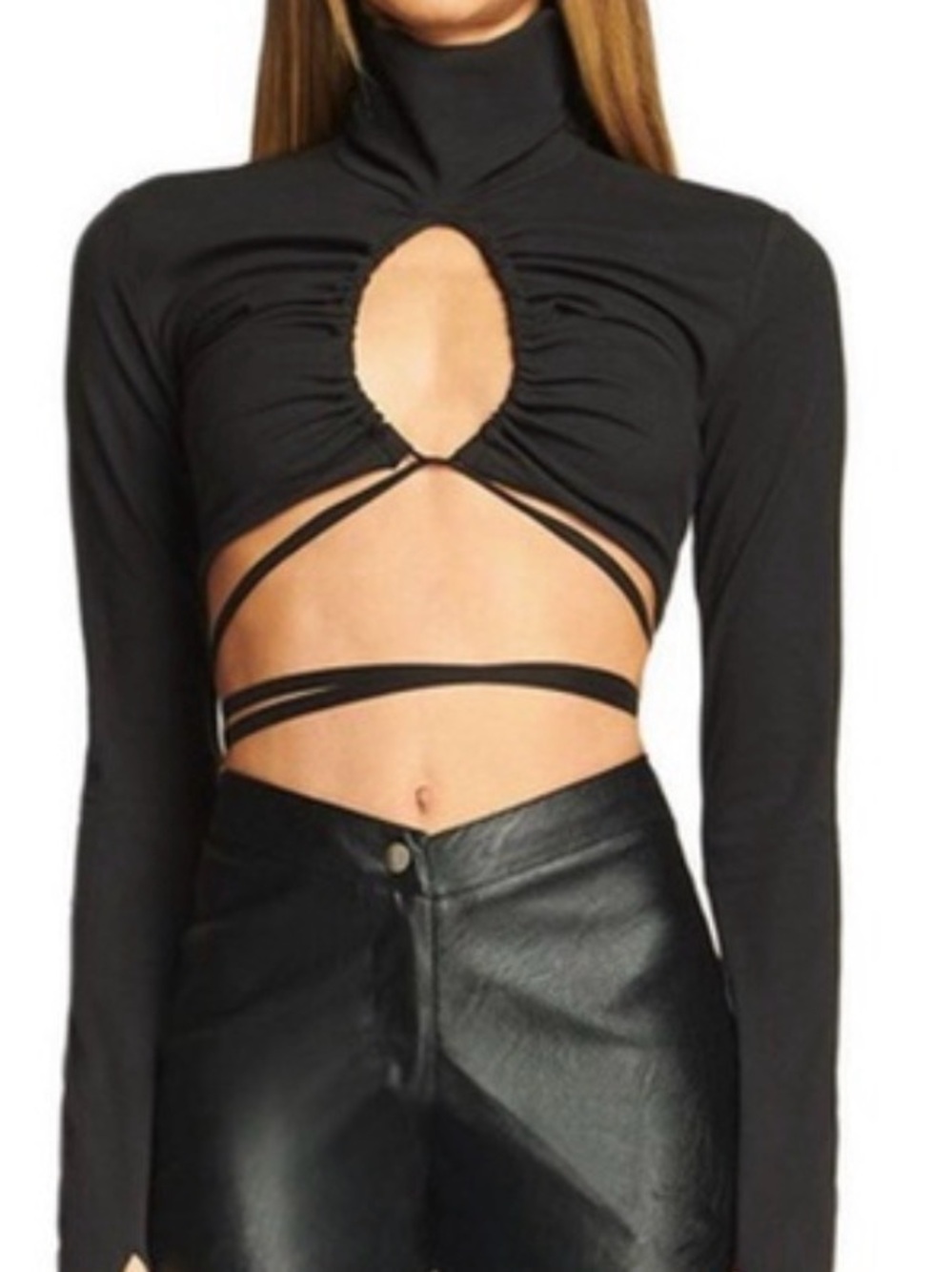 Women’s Black Cutout Long-Sleeve Crop Top with Wrap Straps